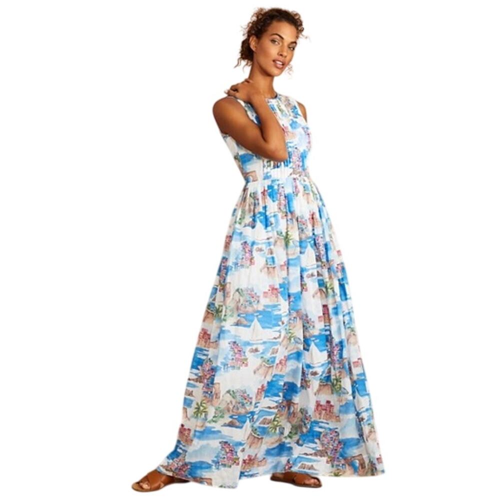 Brooks Brothers Red Fleece Label Blue Coastal Print Pleated Cotton Maxi Dress